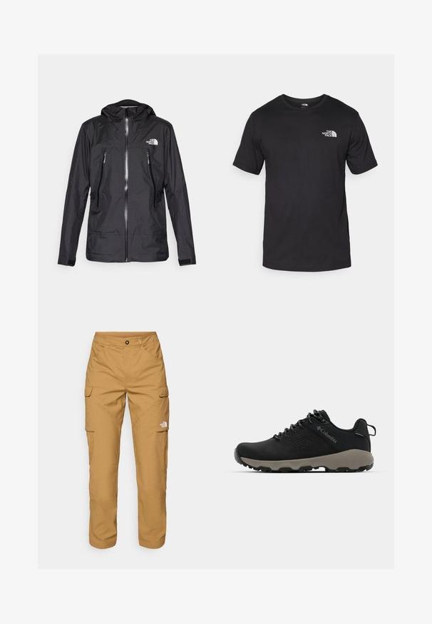 Fekete vízálló dzseki kapucnival, elülső cipzárral, két cipzáras zsebbel és logóval a mellkason. Simább textúra, könnyű kialakítás.; Fekete rövidujjú pamut póló, kerek nyakkivágással, a bal felső mellkason egy kis fehér logóval.; The North Face EXPLORATION PANTS - Oldalzsebes nadrágok - utility brown; Fekete túrabakancs sima felsőrésszel, perforált dizájnnal, szürke talppal és megerősített sarkal. Fűzővel és húzószalaggal van ellátva a könnyű felvétel érdekében.