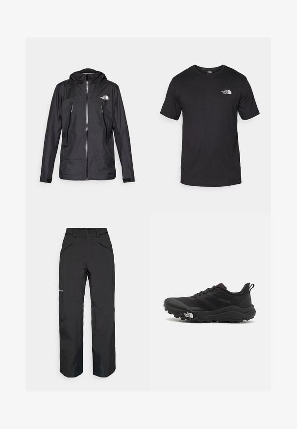 Sort vandtæt jakke med hætte, med en frontlynlås, to lynlåslommer og et logo på brystet. Glat tekstur, letvægtsdesign.; Sort kortærmet t-shirt lavet af bomuld, med rund halsudskæring og et lille hvidt logo på den øverste venstre brystområde.; Sorte vandtætte bukser med lige snit, der har lynlåslommer, forstærkede nederste kanter og en glat tekstureret overflade.; Sort trail løbesko med en struktureret overdel, gummisål og forstærket tåhætte. Har en polstret krave og en pull-tab til nem påtagning.