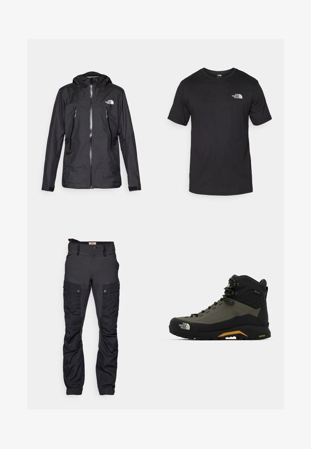 Svart vanntett jakke med hette, med en frontglidelås, to glidelåslommer, og en logo på brystet. Glatt tekstur, lett design.; Svart kortermet t-skjorte laget av bomull, med rund hals og en liten hvit logo på øvre venstre brystområde.; Svart cargo-bukser med en blanding av glatt og teksturert stoff, med flere lommer og knapper for lukking, egnet for utendørs bruk.; Fjellstøvel i svart og olivengrønn, laget av syntetiske materialer, har høy topp, snøring og Vibram såle for godt grep.