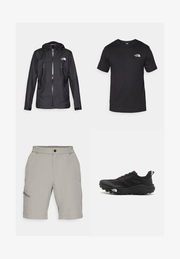 Mustat vesitiiviit takki hupulla, jossa on edessä vetoketju, kaksi vetoketjullista taskua ja logo rinnassa. Silkkinen pinta, kevyt muotoilu.; Mustat lyhythihaiset t-paidat, jotka on valmistettu puuvillasta. paidassa on pyöreä pääntie ja pieni valkoinen logo vasemmassa ylärintataskussa.; Vaaleanharmaat cargo-shortsit, joissa on joustava vyötärö, etutaskut ja sivu vetoketjutasku; sileä pinta ja polven pituinen leikkaus.; Musta maastojuoksukengät, joissa on teksturoitu päällinen, kumipohja ja vahvistettu varvastoppia. Varusteena pehmustettu nilkkakappale ja vetotappi helppoa pukemista varten.