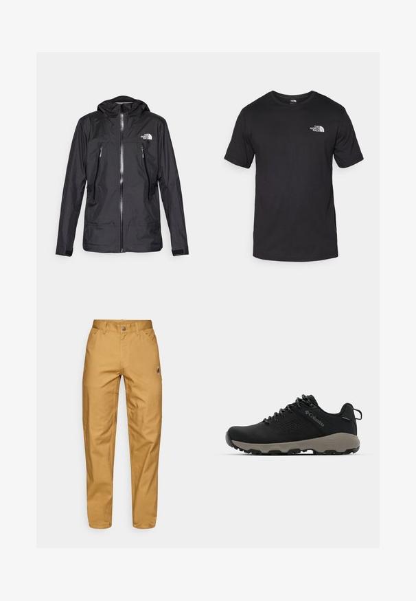 Geacă neagră impermeabilă cu glugă, având un fermoar frontal, două buzunare cu fermoar și un logo pe piept. Textură netedă, design ușor.; Tricou scurt din bumbac, de culoare neagră, cu guler rotund și un mic logo alb în partea de sus a pieptului stâng.; Pantaloni de lucru pentru bărbați, bej, cu buzunare frontale, bretele pentru curea, o închidere cu nasture și un mic logo circular pe coapsa dreaptă.; Pantof de drumeție negru cu un superior neted, design perforat, talpă gri și toc întărit. Are șirete și o buclă pentru a fi îmbrăcat ușor.