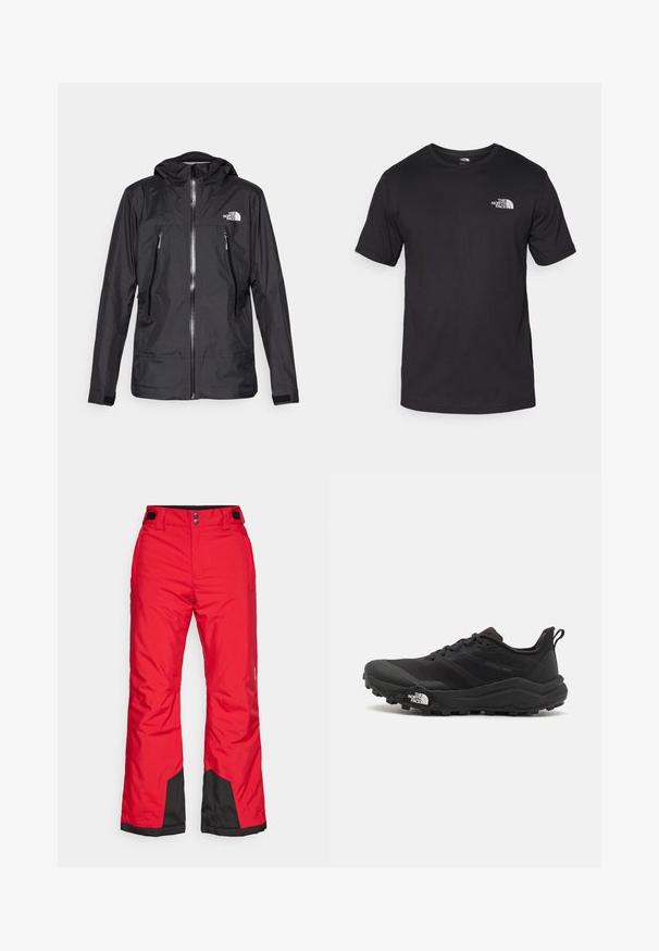 Svart vanntett jakke med hette, med en frontglidelås, to glidelåslommer, og en logo på brystet. Glatt tekstur, lett design.; Svart kortermet t-skjorte laget av bomull, med rund hals og en liten hvit logo på øvre venstre brystområde.; Røde vanntette skibukser med et svart underpanel, justerbar livvidde og to sidelommer; laget av et glatt, slitesterkt materiale.; Svart terrengløpesko med teksturert overdel, gummisåle og forsterket tåhette. Har polstret krage og løftestropp for enkel påkledning.
