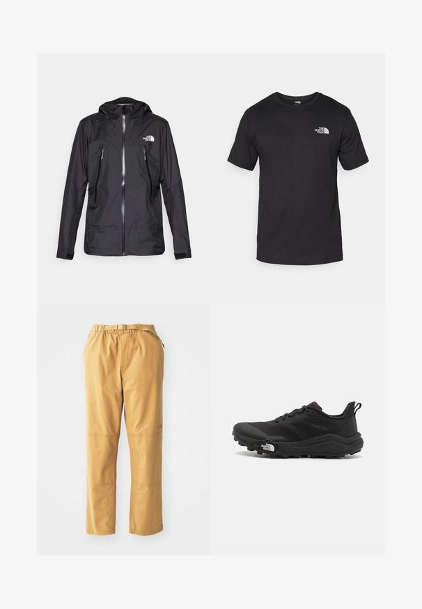 Chaqueta negra impermeable con capucha, que presenta un cierre frontal, dos bolsillos con cremallera y un logo en el pecho. Textura suave, diseño ligero.; Camiseta negra de manga corta, hecha de algodón, con un cuello redondo y un pequeño logo blanco en la parte superior izquierda del pecho.; Pantalones cargo en color caqui con un ajuste relajado, que cuentan con una cintura elástica con cinturón, bolsillos laterales y parches reforzados en las rodillas.; Zapatilla de trail running negra con upper texturizado, suela de goma y puntera reforzada. Presenta un collar acolchado y una lengüeta para poner y quitar fácilmente.