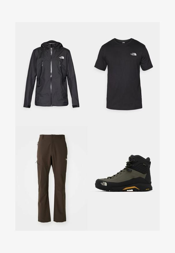 Černá voděodolná bunda s kapucí, která má přední zip, dvě zipové kapsy a logo na hrudi. Hladký povrch, lehký design.; Černé tričko s krátkým rukávem vyrobené z bavlny, s kulatým výstřihem a malým bílým logem na horní levé části hrudi.; Jack Wolfskin HOLDSTEIG PANTS - Outdoorové kalhoty - peat; Trekové boty v černé a olivově zelené barvě, vyrobené ze syntetických materiálů, mají vysoký střih, zavazovací systém a podešev Vibram pro lepší trakci.