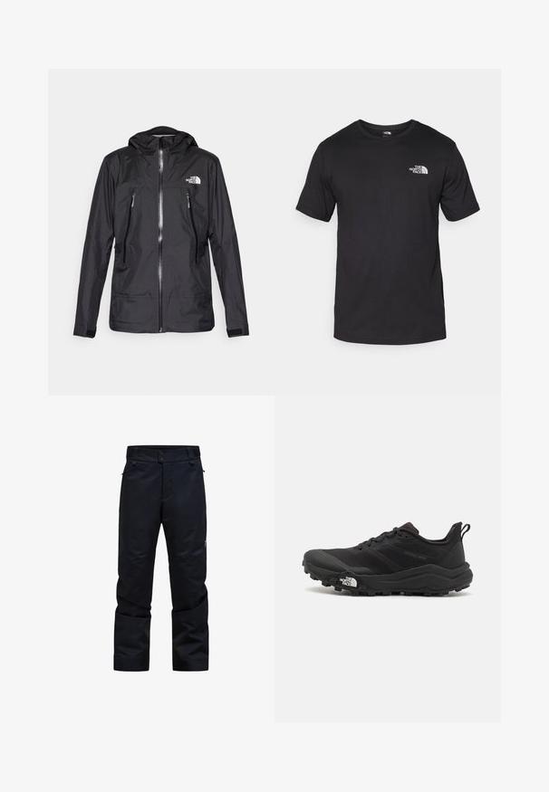 Black waterproof jacket with a hood, featuring a front zipper, two zippered pockets, and a logo on the chest. Smooth texture, lightweight design.; Black short-sleeve t-shirt made of cotton, featuring a round neckline and a small white logo on the upper left chest area.; Black waterproof pants with a straight cut, two button closure, zippered pockets, and adjustable waistband. Features smooth, durable fabric.; Black trail running shoe with a textured upper, rubber sole, and reinforced toe cap. Features a padded collar and pull tab for easy wear.