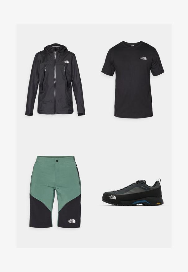 Svart vanntett jakke med hette, med en frontglidelås, to glidelåslommer, og en logo på brystet. Glatt tekstur, lett design.; Svart kortermet t-skjorte laget av bomull, med rund hals og en liten hvit logo på øvre venstre brystområde.; Grønne og sorte turshorts med geometrisk mønster, sikker midjebånd, sidelommer og en logo på den nederste delen av benet.; The North Face VERTO ALPINE GORE TEX - Fjellsko - asphalt grey/tnf black
