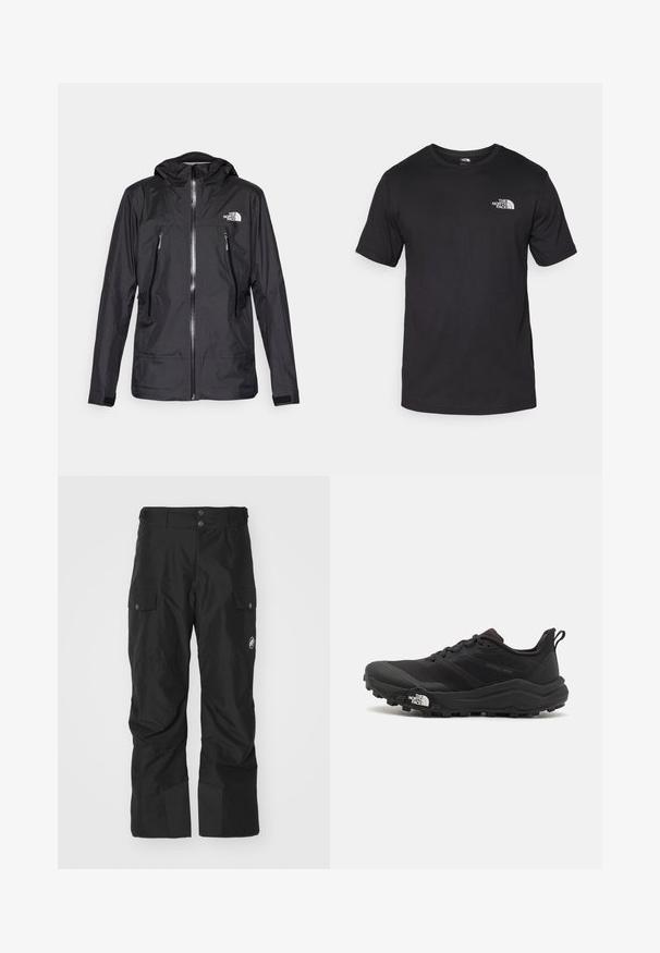 Svart vanntett jakke med hette, med en frontglidelås, to glidelåslommer, og en logo på brystet. Glatt tekstur, lett design.; Svart kortermet t-skjorte laget av bomull, med rund hals og en liten hvit logo på øvre venstre brystområde.; Svart cargo-bukser laget av vanntett materiale, med to sidelommer, forsterket underbein og knappelukking i midjen.; Svart terrengløpesko med teksturert overdel, gummisåle og forsterket tåhette. Har polstret krage og løftestropp for enkel påkledning.
