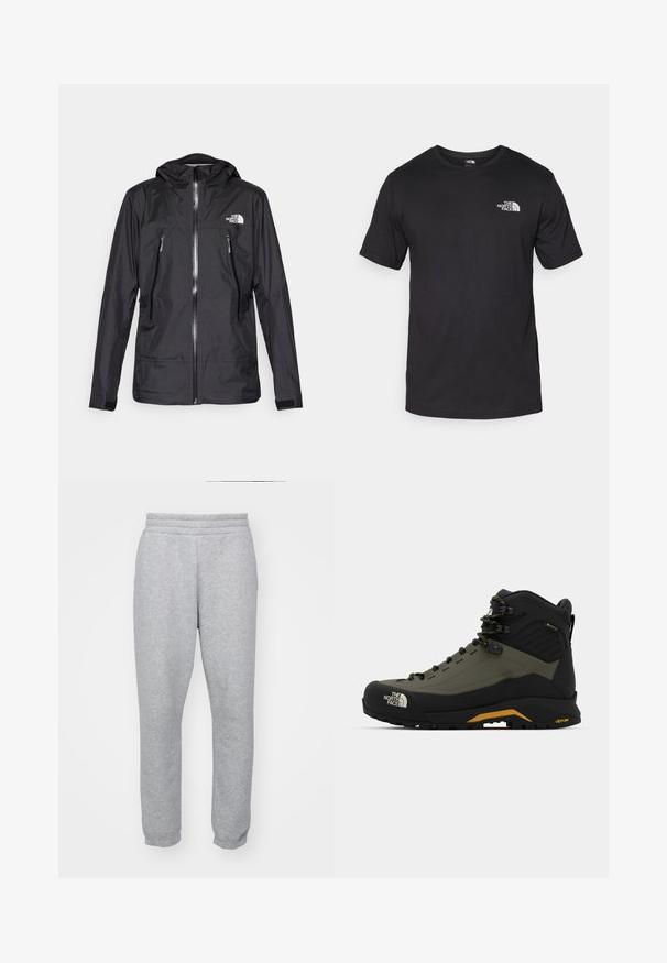 Black waterproof jacket with a hood, featuring a front zipper, two zippered pockets, and a logo on the chest. Smooth texture, lightweight design.; Black short-sleeve t-shirt made of cotton, featuring a round neckline and a small white logo on the upper left chest area.; Grey sweatpants made of soft fabric, featuring an elastic waistband and fitted cuffs for a streamlined shape. No pockets visible.; Hiking boot in black and olive green, made from synthetic materials, features a high top, lacing system, and Vibram outsole for traction.