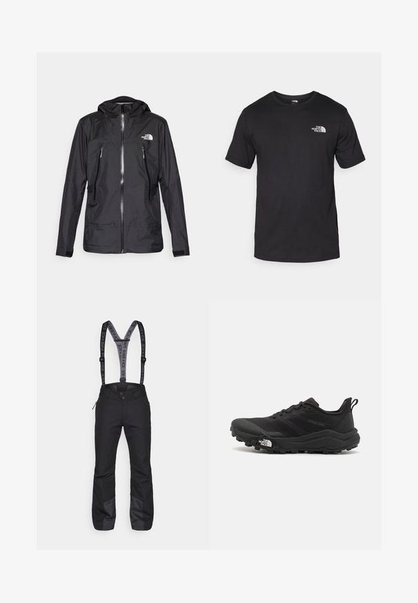 Geacă neagră impermeabilă cu glugă, având un fermoar frontal, două buzunare cu fermoar și un logo pe piept. Textură netedă, design ușor.; Tricou scurt din bumbac, de culoare neagră, cu guler rotund și un mic logo alb în partea de sus a pieptului stâng.; Pantaloni de schi negri cu bretele reglabile negre, având inscripția albă "FIRE + ICE", buzunare laterale cu fermoar și părți inferioare întărite.; Pantofii de alergare pe teren accidentat, de culoare neagră, cu un superior texturat, talpă din cauciuc și vârf întărit. Prezintă un guler căptușit și o bandă de prindere pentru îmbrăcare ușoară.