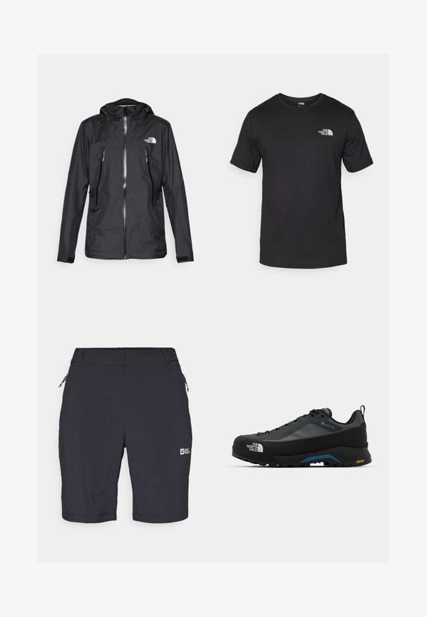Čierna nepremokavá bunda s kapucňou, so zipsom na prednej strane, dvoma vreckami na zips a logom na hrudi. Hladký povrch, ľahký dizajn.; Čierne tričko s krátkym rukávom vyrobené z bavlny, s okrúhlym výstrihom a malým bielym logom na hornej ľavej strane hrude.; Čierne vonkajšie šortky s zipsovou kapsou, ľahká tkanina, hladká textúra a logo v dolnom pravom rohu.; The North Face VERTO ALPINE GORE TEX - Turistické topánky - asphalt grey/tnf black