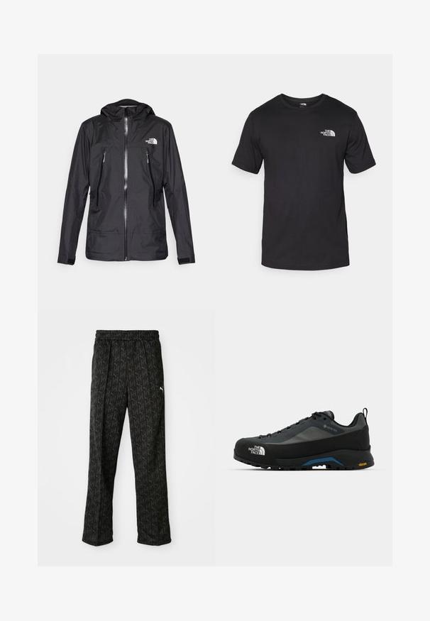 Fekete vízálló dzseki kapucnival, elülső cipzárral, két cipzáras zsebbel és logóval a mellkason. Simább textúra, könnyű kialakítás.; Fekete rövidujjú pamut póló, kerek nyakkivágással, a bal felső mellkason egy kis fehér logóval.; Fekete sportnadrág rugalmas derékpánttal. Sötétszürke, ismétlődő logómintázattal rendelkezik, és fehér logóakkent a csípőnél.; The North Face VERTO ALPINE GORE TEX - Túracipők - asphalt grey/tnf black
