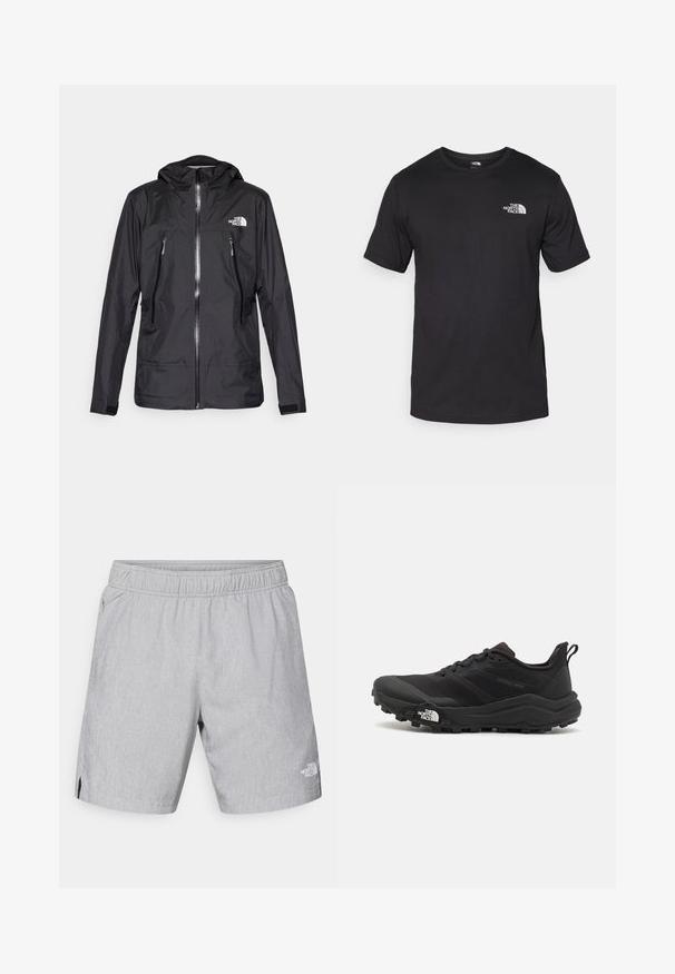 Geacă neagră impermeabilă cu glugă, având un fermoar frontal, două buzunare cu fermoar și un logo pe piept. Textură netedă, design ușor.; Tricou scurt din bumbac, de culoare neagră, cu guler rotund și un mic logo alb în partea de sus a pieptului stâng.; Șorturi gri deschis din material texturat, cu un brâu elastic, buzunare laterale și un logo pe piciorul din dreapta jos.; Pantofii de alergare pe teren accidentat, de culoare neagră, cu un superior texturat, talpă din cauciuc și vârf întărit. Prezintă un guler căptușit și o bandă de prindere pentru îmbrăcare ușoară.