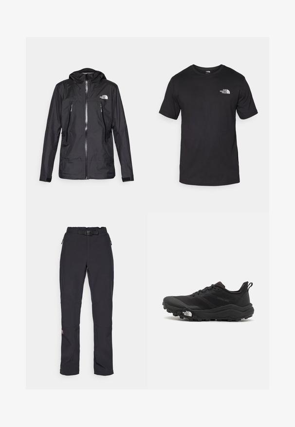 Svart vanntett jakke med hette, med en frontglidelås, to glidelåslommer, og en logo på brystet. Glatt tekstur, lett design.; Svart kortermet t-skjorte laget av bomull, med rund hals og en liten hvit logo på øvre venstre brystområde.; Svarte utendørsgensere med belte, laget av et elastisk stoff, innsnittet bein og forsterkede kneputer. Inkluderer glidelås-lommer i sidene.; Svart terrengløpesko med teksturert overdel, gummisåle og forsterket tåhette. Har polstret krage og løftestropp for enkel påkledning.
