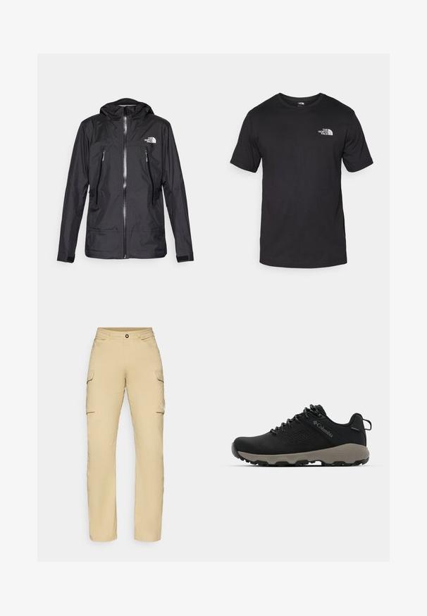 Svart vanntett jakke med hette, med en frontglidelås, to glidelåslommer, og en logo på brystet. Glatt tekstur, lett design.; Svart kortermet t-skjorte laget av bomull, med rund hals og en liten hvit logo på øvre venstre brystområde.; Beige cargo bukser med lige snit, der har to sidelommer, en knaplukning og logo-detalje på låret. Letvægtsstof.; Svart tursko med glatt overdel, perforert design, grå såle og forsterket hæl. Har snøringer og en pull-tab for enkel påkledning.
