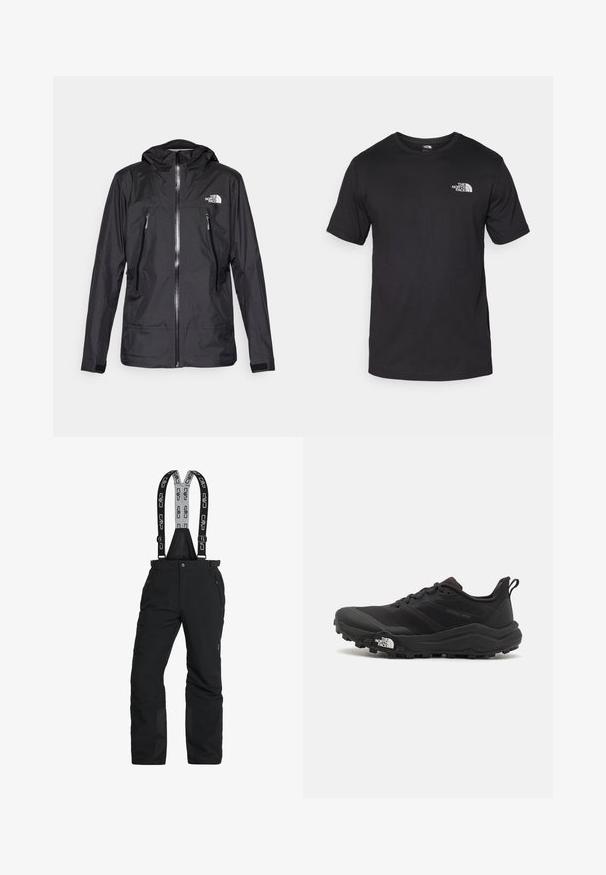 Geacă neagră impermeabilă cu glugă, având un fermoar frontal, două buzunare cu fermoar și un logo pe piept. Textură netedă, design ușor.; Tricou scurt din bumbac, de culoare neagră, cu guler rotund și un mic logo alb în partea de sus a pieptului stâng.; Pantaloni de zăpadă negri cu bretele ajustabile, buzunare cu fermoar și gleznă întărită. Fabricat din material impermeabil cu o textură netedă.; Pantofii de alergare pe teren accidentat, de culoare neagră, cu un superior texturat, talpă din cauciuc și vârf întărit. Prezintă un guler căptușit și o bandă de prindere pentru îmbrăcare ușoară.