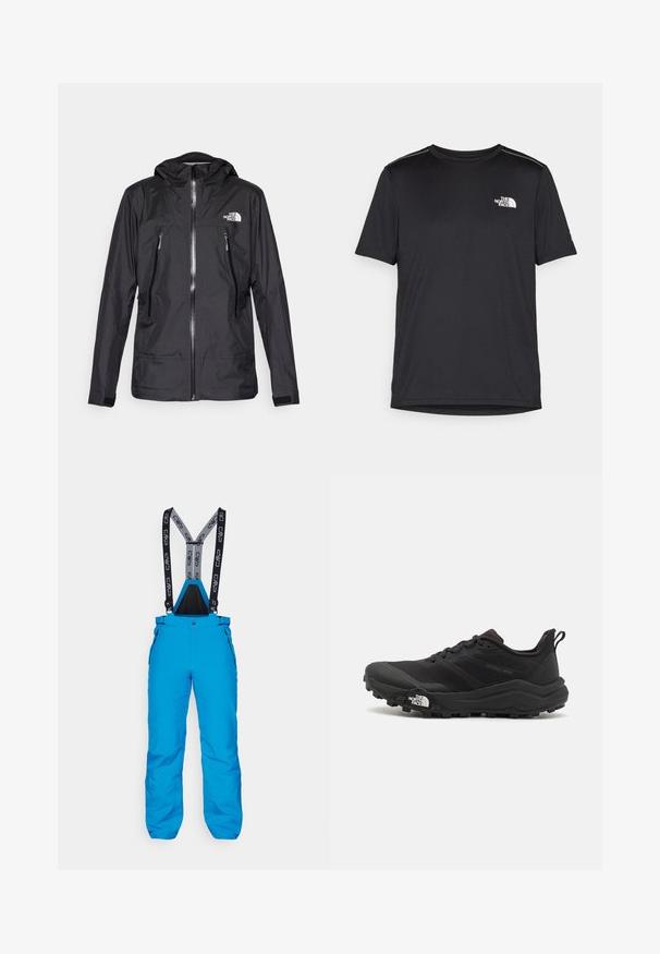 Juodas vandeniui atsparus džemperis su gobtuvu, pasižymintis priekiniais užtrauktukais, dviem užtrauktukais uždaromomis kišenėmis ir logotipu ant krūtinės. Lygus tekstūra, lengvas dizainas.; Juodas trumpas rankovės marškinėliai, pagaminti iš lengvos medžiagos. Yra mažas baltas logotipas kairiajame krūtinės pusėje ir subtilūs pečių akcentai.; Mėlynos slidinėjimo kelnės su reguliuojamomis juodomis ir pilkomis petnešomis, su užtrauktukais šoninėse kišenėse ir tvirta, vandeniui atspari medžiaga.; Juoda bėgimo batai su tekstūruotu paviršiumi, guma padais ir sustiprinta pirštų dalimi. Yra paminkštinta apykaklė ir kilpos, leidžiančios lengvai užsidėti.