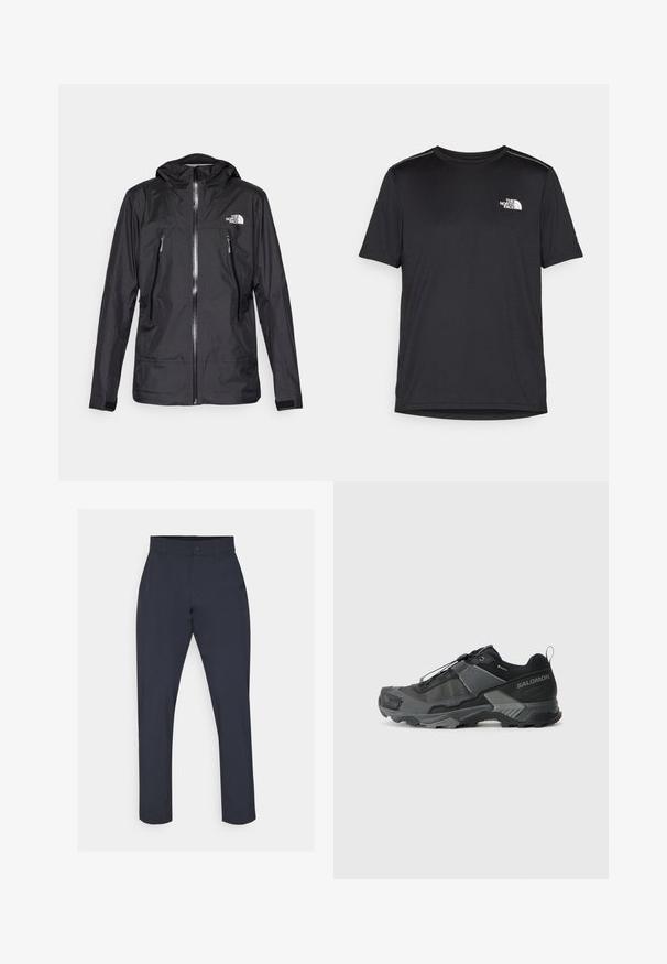 Svart vanntett jakke med hette, med en frontglidelås, to glidelåslommer, og en logo på brystet. Glatt tekstur, lett design.; Svart kortermet T-skjorte laget av lett materiale. Har en liten hvit logo på venstre bryst og subtile skulderdetaljer.; Marinebukser laget av lett stoff, med en vanlig passform, knappelukking og en jevn tekstur uten mønstre eller utsmykninger.; Svart terrengløpesko med et slitesterkt maskeoberoende, forsterket tåhette, teksturert gummisåle og elastisk lissystem for sikre tilpasning.
