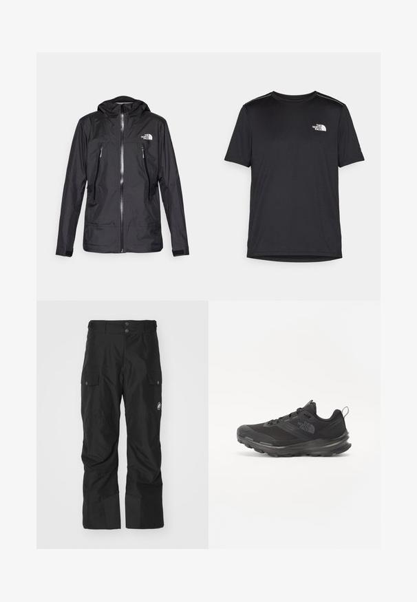 Must värvitud veekindel jakk kapuutsiga, esiküljel tõmblukk, kaks tõmblukuga taskut ja logo rindkeres. Sile tekstuur, kerge disain.; Must mustaöödiga must T-särk, mis on valmistatud kerge riidekanga. Esiküljel on vasakul rinnal väike valge logo ning õlgadel on peened aktsendid.; Mustad mustad põlvpüksid, mis on valmistatud veekindlast materjalist, kahte külge taskut, tugevdatud sääreosa ja nööbiga kinnitamine vööl.; Must use õhku läbilaskvat võrku ülemise ja kummist välispõhjaga mustad atleetijalatsid, millel on polsterdatud kaelus. Omab nööre, logo küljel ja tekstuurset disaini.