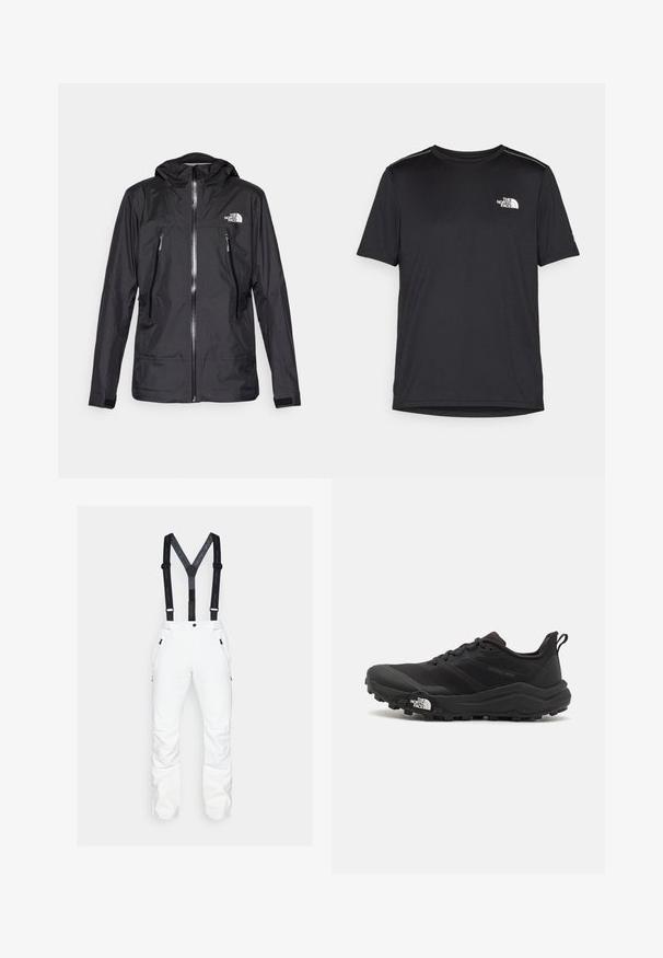 Črna vodoodporna jakna s kapuco, z sprednjim zadrgo, dvema žepoma z zadrgo in logotipom na prsih. Gladka tekstura, lahka zasnova.; Črna kratkosleevena majica iz lahkotnega materiala. Ima majhen bel logo na levem prsnem delu in diskretne poudarke na ramenskem predelu.; Bele hlače za sneg z nastavljivimi črnimi naramnicami, z zadrgo zaprtimi stranskimi žepi in ojačanim spodnjim delom nog. Gladka tkanina s sleek dizajnom.; Črne tekaške čevlje za trail s teksturirano zgornjega dela, gumijastim podplatom in ojačanim zaključkom prstov. Vključuje oblazinjen ovratnik in zanko za enostavno obuvanje.
