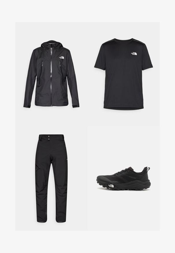 Veste noire imperméable avec une capuche, dotée d'une fermeture éclair à l'avant, de deux poches zippées et d'un logo sur la poitrine. Texture lisse, design léger.; T-shirt noir à manches courtes en tissu léger. Présente un petit logo blanc sur la poitrine gauche et des accents subtils aux épaules.; Pantalons de plein air noirs fabriqués à partir d'un matériau résistant et léger. Présente une poche zippée sur la cuisse gauche et une taille à deux boutons.; Chaussure de trail running noire avec une tige texturée, semelle en caoutchouc et bout renforcé. Présente un col rembourré et une tirette pour un enfilage facile.