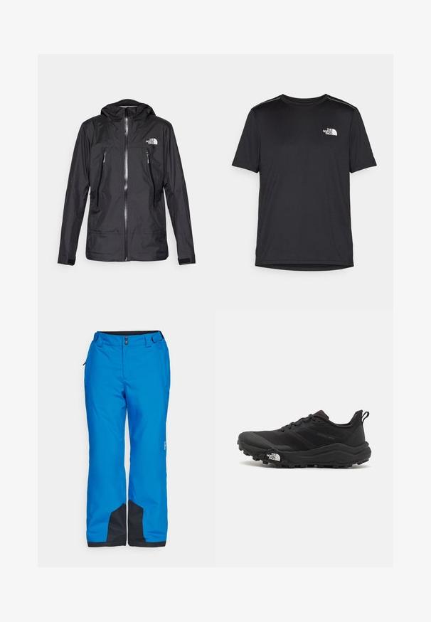 Giacca nera impermeabile con cappuccio, dotata di una zip frontale, due tasche con zip e un logo sul petto. Texture liscia, design leggero.; T-shirt nero a maniche corte realizzata in tessuto leggero. Presenta un piccolo logo bianco sul lato sinistro del petto e delicati dettagli sulle spalle.; Pantaloni da neve blu con una texture liscia, doppi bottoni frontali e accenti neri alle estremità e alle tasche laterali per funzionalità.; Scarpa da trail running nera con tomaia texture, suola in gomma e punta rinforzata. Presenta un collare imbottito e un tassello per un indossamento facile.