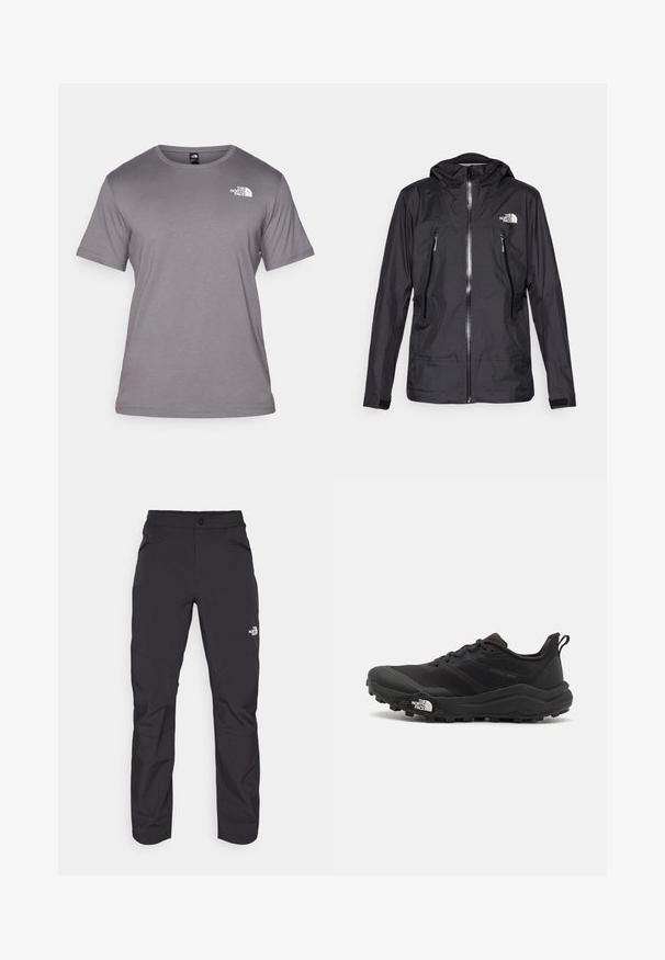 Μαύρο αδιάβροχο μπουφάν με κουκούλα, διαθέτει μπροστινό φερμόρ και δύο τσέπες με φερμόρ, καθώς και λογότυπο στο στήθος. Λείος υφή, ελαφρύ σχέδιο.; Γκρι κοντομάνικο t-shirt από μαλακό ύφασμα. Διαθέτει στρογγυλή λαιμόκοψη και ένα μικρό λευκό λογότυπο στην επάνω αριστερή πλευρά.; Μαύρο παντελόνι εξωτερικού χώρου με τσέπη μπροστά με φερμουάρ, συνθετικό υλικό, tapered πόδια και ενισχυμένα πάνελ γόνατος. Διαθέτει κούμπωμα με κουμπί.; Μαύρο αθλητικό παπούτσι τρεξίματος με υφασμάτινο άνω μέρος, καουτσούκ σόλα και ενισχυμένη μύτη. Διαθέτει επενδεδυμένο κολάρο και θηλιά στα πίσω για εύκολη φορεσιά.