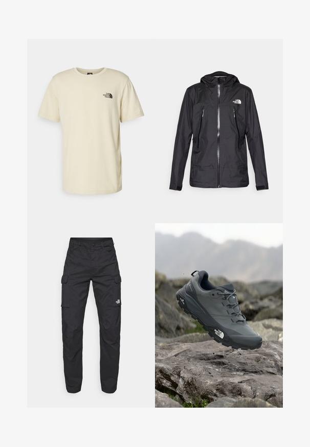 Černá voděodolná bunda s kapucí, která má přední zip, dvě zipové kapsy a logo na hrudi. Hladký povrch, lehký design.; Světle béžové bavlněné tričko s kulatým výstřihem a krátkými rukávy. Na levé straně hrudníku je černé logo. Jednoduchý, klasický střih.; The North Face EXPLORATION PANTS - Kapsáče - black; Šedá trailová běžecká bota s texturovaným svrškem, odolnou gumovou podrážkou a vyztuženou špičkou. Obsahuje tkaničky a logo značky na straně.