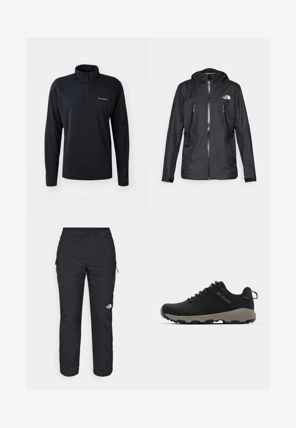 Μαύρο αδιάβροχο μπουφάν με κουκούλα, διαθέτει μπροστινό φερμόρ και δύο τσέπες με φερμόρ, καθώς και λογότυπο στο στήθος. Λείος υφή, ελαφρύ σχέδιο.; Μαύρο πουλόβερ μισής φερμουάρ φτιαγμένο από μαλακό, ελαστικό ύφασμα. Διαθέτει ραγκλάν μανίκια, τσέπη με φερμουάρ στο αριστερό μανίκι και λεπτομέρεια λογότυπου.; The North Face WINTER EXPLORATION TAPERED CARGO - Παντελόνι εξωτερικού χώρου - black; Μαύρο ορειβατικό παπούτσι με λείο επάνω μέρος, διάτρητο σχέδιο, γκρι σόλα και ενισχυμένη φτέρνα. Διαθέτει κορδόνια και κρίκο για εύκολη φόρμα.