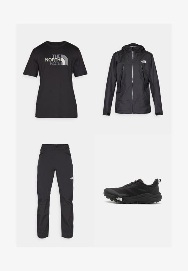 Melnā ūdensizturīgā jaka ar kapuci, ar priekšējo rāvējslēdzēju, divām rāvējslēdzēju kabatām un logo uz krūškurvja. Gluda tekstūra, viegls dizains.; Melna īsām piedurknēm t-kreklu, kas izgatavots no kokvilnas, ar izteiksmīgu pelēku un baltu logotipu uz priekšpuses. Brīva piegriezuma ar apaļu kakla griezumu.; Melnas āra bikses ar rāvējslēdzēju priekšējā kabatā, sintētisks materiāls, sašaurinātas kājas un pastiprinātas ceļa paneļi. Iespējams, ar pogas aizdari.; Melnas taku skriešanas kurpes ar teksturētu virsu, gumijas zoli un pastiprinātu pirkstu daļu. Aprīkotas ar mīkstu apkakli un vilkšanas cilpu, lai viegli uzvilktu.