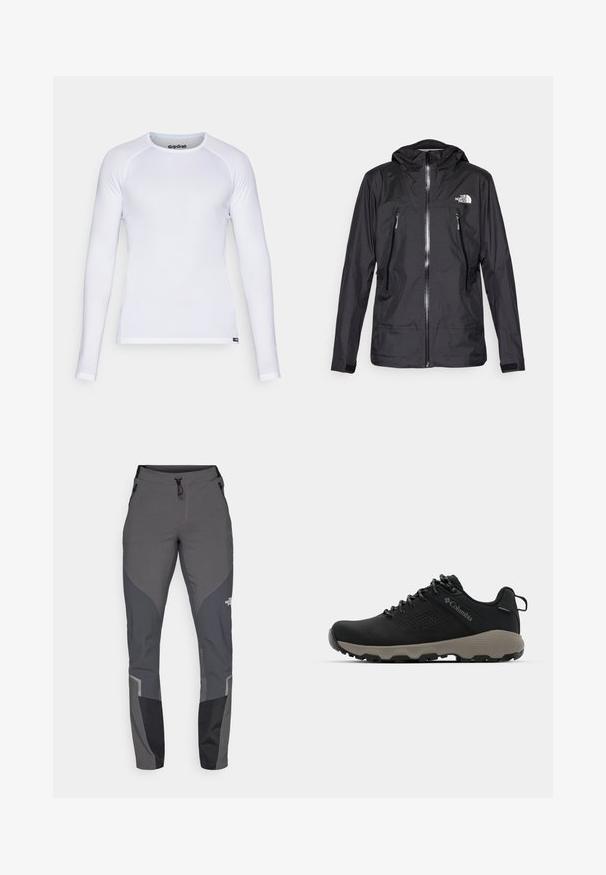 Čierna nepremokavá bunda s kapucňou, so zipsom na prednej strane, dvoma vreckami na zips a logom na hrudi. Hladký povrch, ľahký dizajn.; Biela dlhá košeľa s dlhým rukávom vyrobená z hladkej, ľahkej látky. Má okrúhly výstrih a ploché švy. Obsahuje logo GripGrab na golieri.; Sivé turistické nohavice s úzkym strihom, mnohými vreckami a kontrastnými tmavosivými a čiernymi akcentmi. Vyrobené z flexibilného a odolného materiálu.; Čierne turistické topánky s hladkým zvrškom, perforovaným dizajnom, šedou podrážkou a vystuženým pätou. Obsahujú šnúrky a pútko pre jednoduché obúvanie.