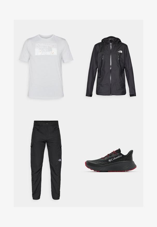 Chaqueta negra impermeable con capucha, que presenta un cierre frontal, dos bolsillos con cremallera y un logo en el pecho. Textura suave, diseño ligero.; Camiseta de manga corta blanca con un estampado gráfico rectangular que presenta un diseño topográfico y acentos en naranja. Diseño de cuello redondo.; The North Face HORIZON PANT - Pantalones montañeros largos - black; Zapatilla deportiva negra con parte superior texturizada, cordones rojos y logotipo. Suela gruesa con patrón de relieve para tracción. Diseño minimalista, vista lateral.