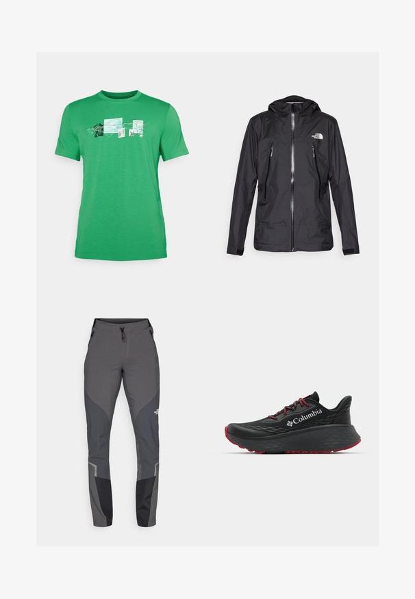 Sort vandtæt jakke med hætte, med en frontlynlås, to lynlåslommer og et logo på brystet. Glat tekstur, letvægtsdesign.; Grøn kortærmet T-shirt lavet af blødt stof, med et frontgrafikdesign udstyret med naturinspirerede firkanter og konturer.; Grå vandrebukser med en tapered design, flere lommer og kontrastfarver i mørkegrå og sort. Lavet af et fleksibelt og holdbart materiale.; Sort atletisk sko med struktureret overdel, røde snørebånd og logo. Tykk sål med mønstret bund for godt greb. Minimalistisk design, set fra siden.