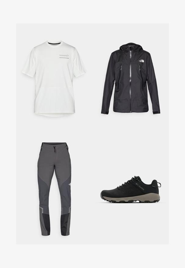 Svart vattentät jacka med huva, med en framzip, två fickor med dragkedja och en logotyp på bröstet. Slät textur, lätt design.; Vitt sportt-shirt i lätt material, med korta ärmar, rund hals och en diskret logotyp tryckt i grått på bröstet.; Grå vandringsbyxor med en tapered design, flera fickor och kontrasterande mörkgrå och svarta accenter. Tillverkade av ett flexibelt och slitstarkt material.; Svart vandringsskor med en slät överdel, perforerat mönster, grå sula och förstärkt häl. Har snörning och en dragflik för enkel påtagning.