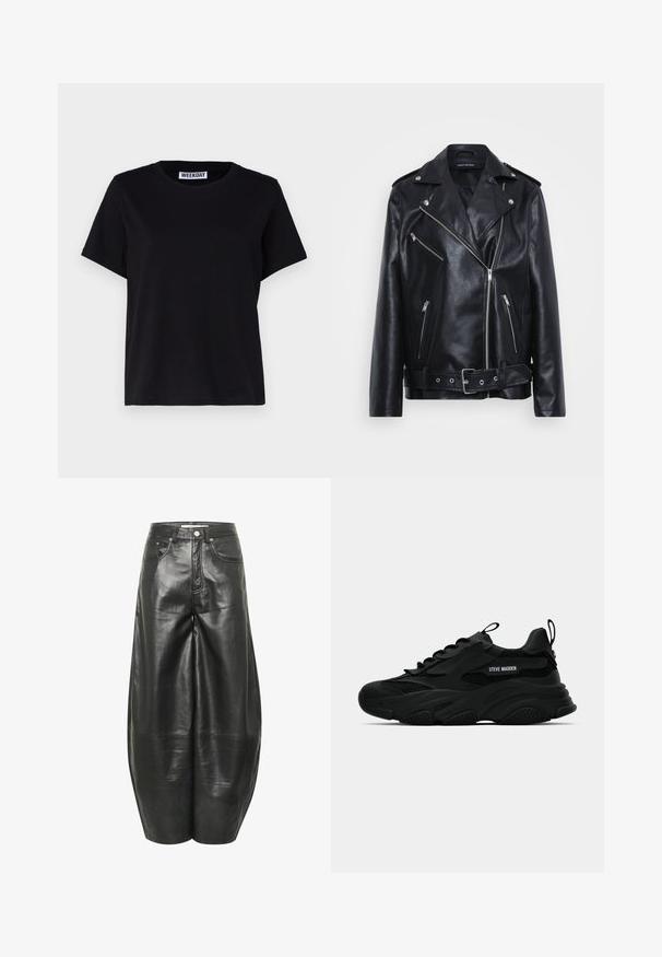 Giubbotto da moto in pelle nera con colletto a punta, zip asimmetrica, diverse tasche con zip e vita con cintura.; T-shirt nero a maniche corte realizzato in cotone. Presenta un collo a giro e una vestibilità comoda. L'etichetta riporta la scritta "WEEKDAY" sul colletto.; Pantaloni in pelle nera a gamba larga con una texture liscia, tasche anteriori e vita alta. Presentano cuciture visibili e una chiusura con bottone.; Sneaker chunky nera di Steve Madden con pannelli in rete, suola spessa, linguetta e tallone con tiranti, logo laterale, mostrata di profilo.