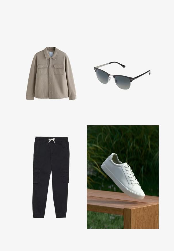 Tan textuur jasje met kraag, knoopsluiting aan de voorkant en twee borstzakken. Gemaakt van geweven stof met opvallende stikdetails.; Witte t-shirt met korte mouwen, gemaakt van katoen, voorzien van een ronde hals en een soepele textuur, ontworpen voor casual gebruik.; Zwarte cargobroek van katoen, met een elastische tailleband en een trekkoord, zijzakken en toelopende boorden.; Pier One Sneakers laag - white; Zwarte en zilveren zonnebril met een cat-eye vorm, gradient lenzen en metalen accenten op het montuur. Plastic armen met grijze punten.