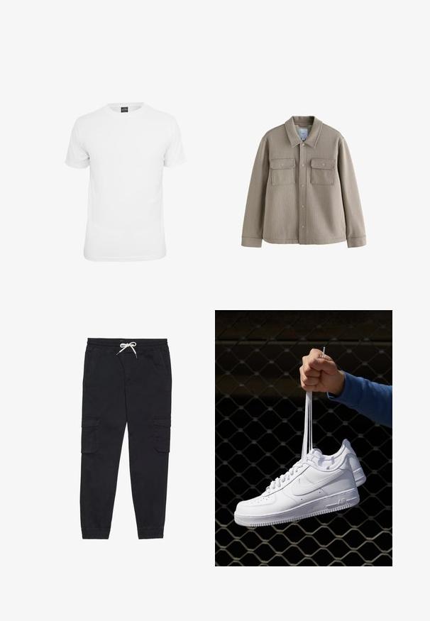Brauns teksturēts žakets ar apkakles izgriezumu, priekšējo pogu aizdari un divām krūšu kabatām. Izgatavots no auduma ar izteiktām stitch detaļām.; Balta īsām piedurknēm T-kreklā, izgatavota no kokvilnas, ar apaļu kakla izgriezumu un gludu tekstūru, paredzēta ikdienas valkāšanai.; Melnas kokvilnas kravas bikses ar elastīgu jostu un auklu, sānu kabatām un papildus sašaurinātiem piedurknēm.; Baltas ādas sporta apavi ar perforācijām, apaļu purngali, plakanu zoli un biezām šņorēm, ar redzamu swoosh logo un vārdu "AIR" uz papēža.