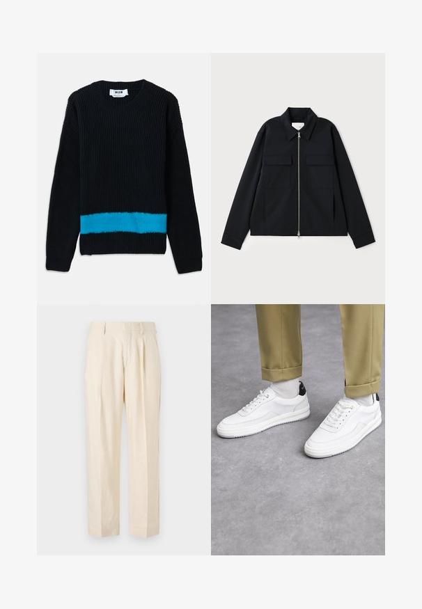 Giacca nera con colletto, chiusura frontale con zip e due tasche sul petto. Realizzata in un tessuto liscio con una vestibilità strutturata.; Maglione nero lavorato a maglia con texture a coste, caratterizzato da una striscia orizzontale turchese nella parte inferiore. Collo a giro classico e maniche lunghe.; NN.07 KAY - Pantaloni - off white; Sneaker bianchi con finitura in pelle testurizzata, punta arrotondata e accentuazione nera sul tallone. Suola in gomma con piccolo motivo di battistrada e dettagli cuciti.