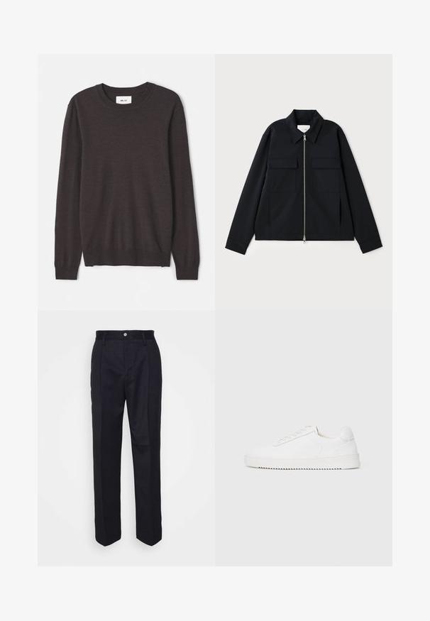 Veste noire avec col, fermeture éclair à l'avant et deux poches poitrine. Fabriquée en tissu lisse avec une coupe structurée.; Pull en tricot marron foncé avec un col rond, des manches longues, des poignets et un ourlet côtelés, une texture lisse, et une étiquette de marque minimaliste.; Pantalons noirs ajustés avec une coupe droite, en tissu lisse, dotés d'une fermeture à bouton sur le devant et de deux poches latérales.; Sneaker blanc avec une tige en cuir lisse, bout rond, lacets, accents latéraux texturés et une épaisse semelle en caoutchouc. Design minimaliste.