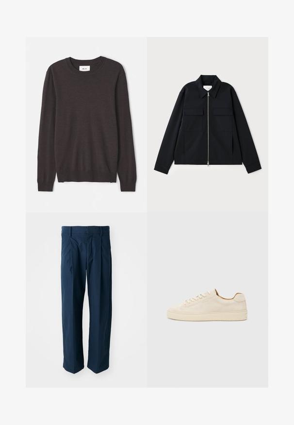 Black jacket featuring a collared neckline, front zipper closure, and two chest pockets. Made from a smooth fabric with a structured fit.; Dark brown knit sweater with a rounded neckline, long sleeves, ribbed cuffs and hem, smooth texture, and minimal branding label.; Navy blue trousers made of cotton, featuring a relaxed fit, front pleats, and a flat waistband with belt loops.; Beige suede sneaker with a low-top design, round toe, flat laces, and a textured rubber sole. Minimalist style with no visible logos.