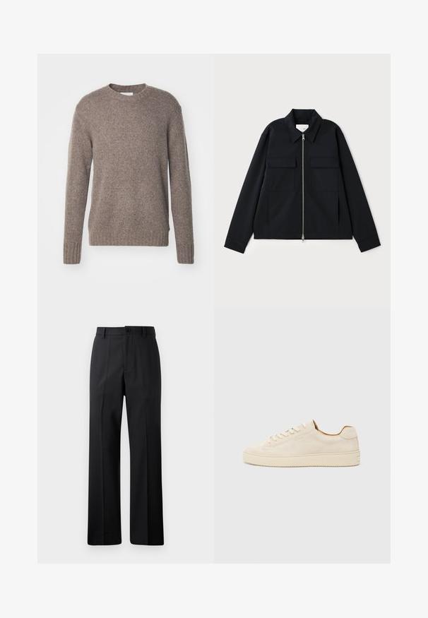 Black jacket featuring a collared neckline, front zipper closure, and two chest pockets. Made from a smooth fabric with a structured fit.; Brown, knitted sweater with a crew neckline, long sleeves, and ribbed cuffs and hem, featuring a soft, textured finish.; Black straight-leg trousers with belt loops, front button, and zipper closure, displayed against a plain white background.; Beige suede sneaker with a low-top design, round toe, flat laces, and a textured rubber sole. Minimalist style with no visible logos.