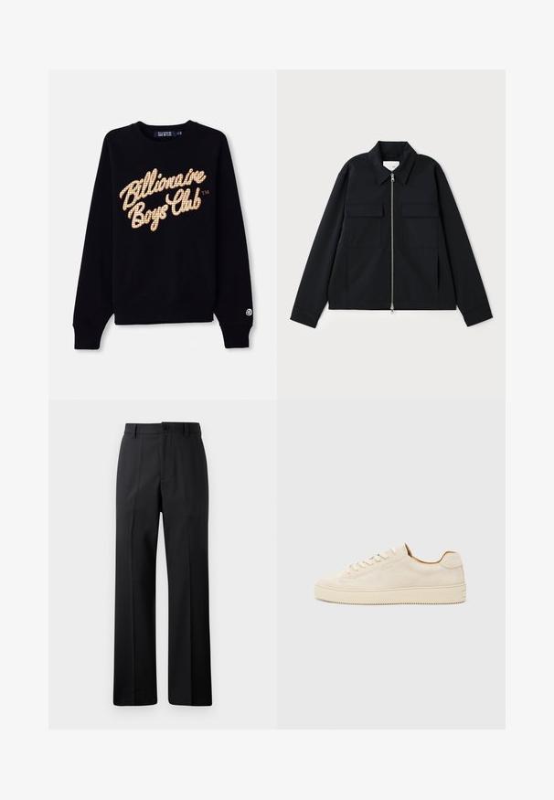Musthave musta jope, millel on kraega kaelus, esiküljel tõmblukk ja kaks rinnataskut. Valmistatud siledast kangast, millel on hästi vormitud lõige.; Mustmust must valge ja kullaga suur ruudustikuline "Billionaire Boys Club" logo esiküljes, ribidega varrukad ja alumine äär.; Mustad mustad varrukatega püksid, millel on vöökohad, ees nupp ja tõmblukk, esitatud lihtsa valge taustaga.; Beež sueded spordijalats madala profiiliga, ümmargune varvas, lamedad lipsud ja tekstureeritud kummitald. Minimalistlik stiil ilma nähtavate logodeta.