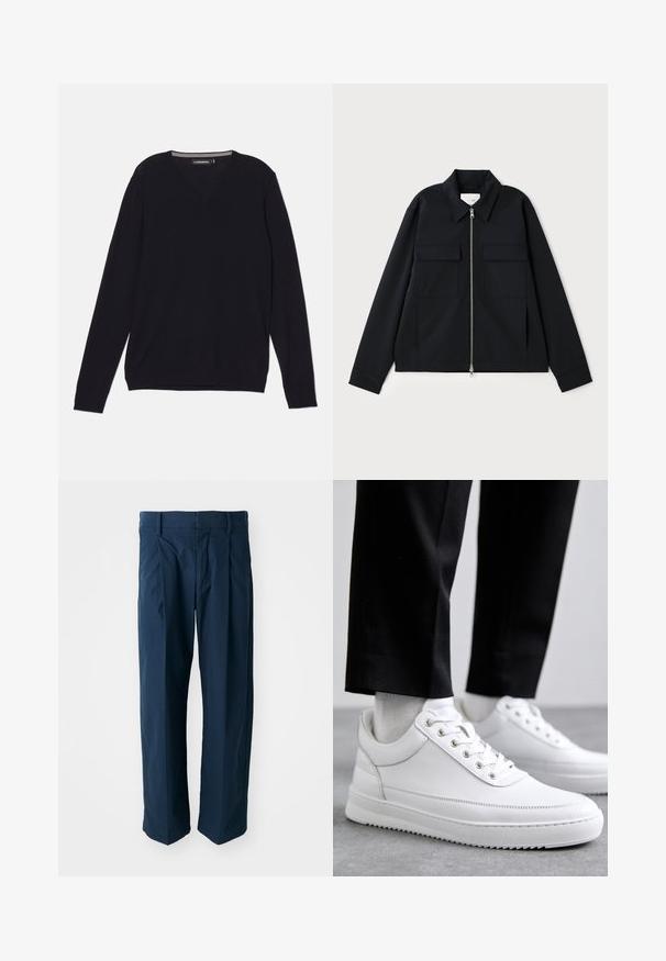 Juodas švarkas su apykakle, priekyje užtrauktuku ir dviem krūtinės kišenėmis. Pagamintas iš lygaus audinio su struktūruota forma.; Juodas ilgomis rankovėmis V formos kaklo megztinis, pagamintas iš lygaus, lengvo audinio. Apima sutrauktas rankovių ir apatinio krašto dalis, suteikiančias prigludusią išvaizdą.; Tamsiai mėlynos medvilninės kelnės, turinčios laisvą siluetą, priekinės klostės ir plokščias liemens juosta su diržo kilpomis.; Baltos odinės sportbačiai su plokščiu guminiu padu, pasižymintys lygiu paviršiumi, apvalia nosimi ir metaliniais anga užrišimui. Dėvimi su juodomis kelnėmis.