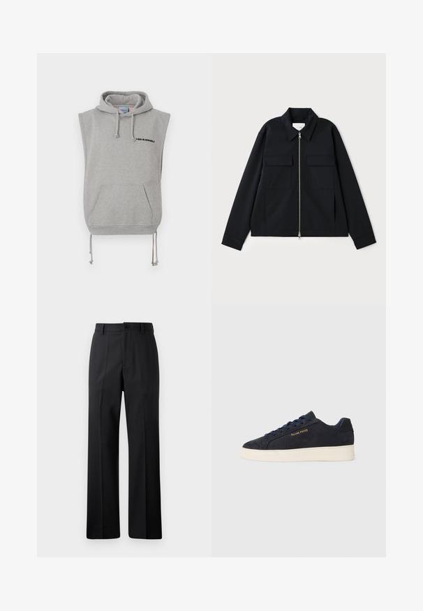 Svart jakke med krage, glidelås foran og to brystlommer. Laget av et glatt stoff med en strukturert passform.; Ermeløs grå hettegenser laget av en bomullsblanding. Har en frontlomme, justerbare snorer og svart trykket tekst nær halsen.; Svarte rette bukser med beltestropper, frontknapp og glidelås, vist mot en enkel hvit bakgrunn.; Marineblå ankelhøyde sneakers i semsket skinn med hvit såle, marineblå snøringer, og "Filling Pieces"-logo i gull på siden.