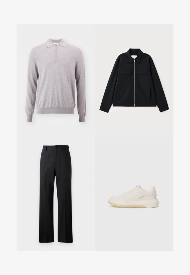 Schwarze Jacke mit einem kragenförmigen Ausschnitt, einem Front-Reißverschluss und zwei Brusttaschen. Hergestellt aus einem glatten Stoff mit einer strukturierten Passform.; Hellgrauer Strickpullover mit Reißverschlusskragen, langen Ärmeln, gerippten Bündchen und Saum. Weiche Textur, lockere Passform und minimalistisches Design.; Schwarze gerade geschnittene Hose mit Gürtelschlaufen, Knopfverschluss vorne und Reißverschluss, vor einem schlichten weißen Hintergrund präsentiert.; Weiße Sneaker mit schmalem Lederobermaterial, runder Zehenpartie und dickem Gummisohle. Besitzt minimale Nähte und ein dezentes Logo-Detail an der Seite.