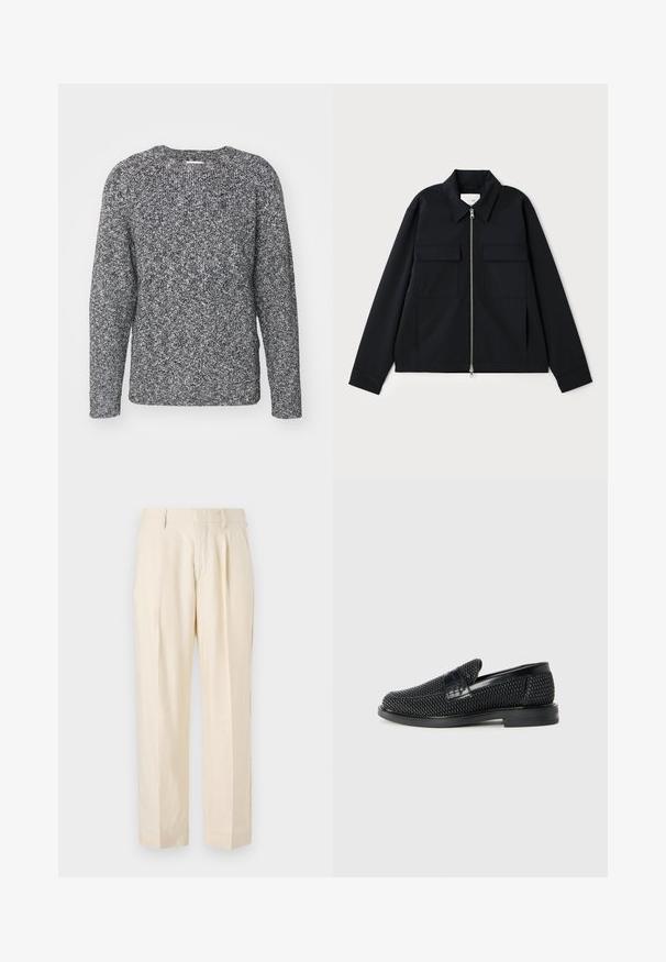 Juodas švarkas su apykakle, priekyje užtrauktuku ir dviem krūtinės kišenėmis. Pagamintas iš lygaus audinio su struktūruota forma.; Pilkas ir juodas megztinis su apvaliu kaklu, ilgomis rankovėmis ir įgertu elastingu rankogaliu, turintis tekstūruotą raštuotą audinį.; NN.07 KAY - Kelnės - off white; Juodas pintas slip-on tipo batelis su lygiu odiniu akcentu viršuje, apvalios nosies dizainas ir žemas guminis padas.