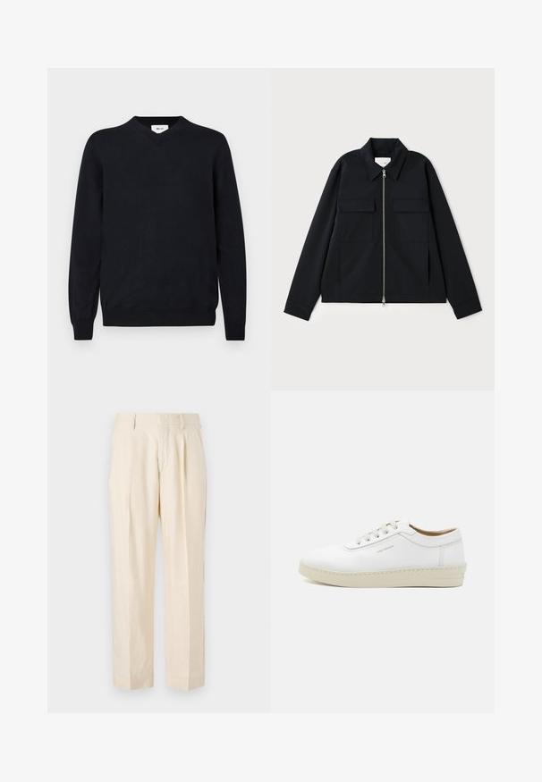 Melna jaka ar apkakles izgriezumu, priekšpuses rāvējslēdzēja aizdari un divām krūšu kabatām. Izgatavota no gludas auduma ar strukturētu piegriezumu.; Melnas v veida džemperis, izgatavots no mīksta materiāla, ar garām piedurknēm un ribotiem aprocēm un apakšmalu. Minimalistisks dizains bez redzamām rakstu zīmēm.; NN.07 KAY - Auduma bikses - off white; Baltas ādas sporta apavu pāris ar teksturētu virsmu, apaļu purngalu, bēša gumijas zoli un sešām pelēkām šņorēšanas acīm, ar diskrētām zīmola atzīmēm sānos.