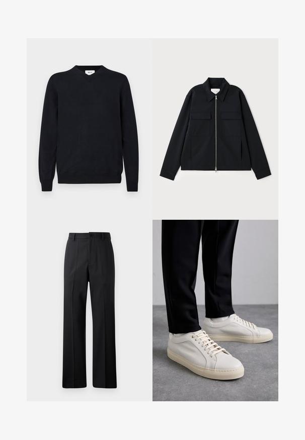 Zwarte jas met een kraag, een rits aan de voorkant en twee borstzakken. Gemaakt van een gladde stof met een gestructureerde pasvorm.; Zwarte v-hals trui gemaakt van zacht materiaal, met lange mouwen en geribbelde manchetten en boord. Minimalistisch ontwerp zonder zichtbare patronen.; Zwarte rechte broek met riemlussen, voorknop en rits, weergegeven op een effen witte achtergrond.; Lichtbeige leren sneakers met platte veters, een gestructureerd oppervlak en een contrasterende crème-kleurige rubberen zool, gecombineerd met zwarte taps toelopende broek.
