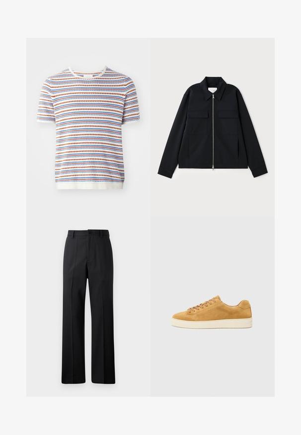 Juodas švarkas su apykakle, priekyje užtrauktuku ir dviem krūtinės kišenėmis. Pagamintas iš lygaus audinio su struktūruota forma.; Balta trumpa rankovėmegztinė su horizontaliomis raudonomis, mėlynomis ir oranžinėmis juostelėmis, su aksominėmis apykaklėmis ir tekstūruotu audiniu.; Juodos tiesios kojos kelnes su diržo kilpomis, priekyje mygtukas ir užtrauktukas, pateiktos prieš paprastą baltą foną.; Šviesiai rudos suedes sportbačiai su žemu profiliu, apvaliu nosiu ir raištelių uždarymu. Kreminės spalvos guma su subtiliu tekstūra ir minimaliais apdailos elementais.