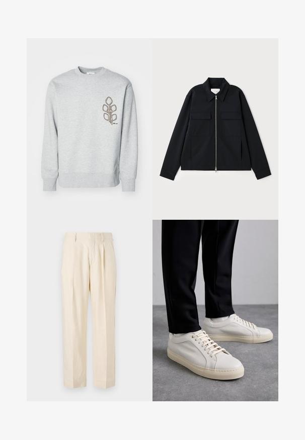 Svart jacka med krage, framfickor med dragkedja och två bröstfickor. Tillverkad av ett slitstarkt tyg med en väl avpassad passform.; Grå sweatshirt i bomullsmaterial blandning med ribbade muddar och nederkant. Har en brun broderad bladdesign på vänster bröst.; NN.07 KAY - Tygbyxor - off white; Ljust beige läder sneakers med platta snören, en strukturerad yta och en kontrasterande gummisula i krämfärg, parat med svarta avsmalnande byxor.