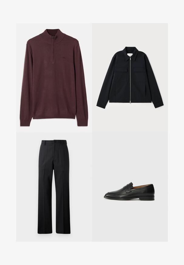 Musthave musta jope, millel on kraega kaelus, esiküljel tõmblukk ja kaks rinnataskut. Valmistatud siledast kangast, millel on hästi vormitud lõige.; Pikkade varrukatega pruun kudum, millel on pooltõmbetootja kaelus ning soonikkoes mansetid ja ääred, esitlemine valgel taustal.; Mustad mustad varrukatega püksid, millel on vöökohad, ees nupp ja tõmblukk, esitatud lihtsa valge taustaga.; Must musta loafers ümarate varvastega, peene tikandiga ja madala kontsaga, millel on sile tekstuur ja minimalistlik disain.